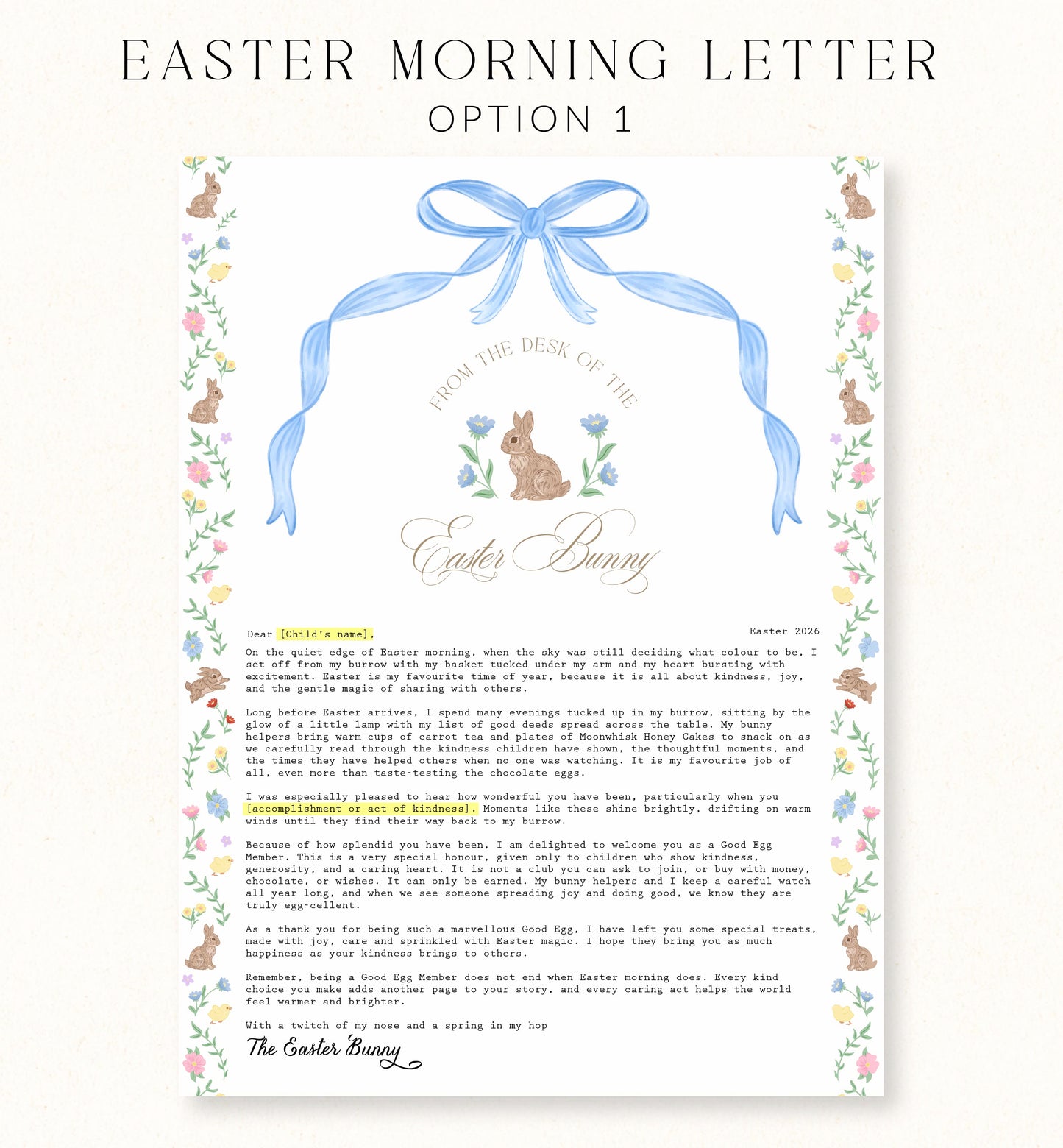 Personalised Easter Morning Letter From The Easter Bunny Blue