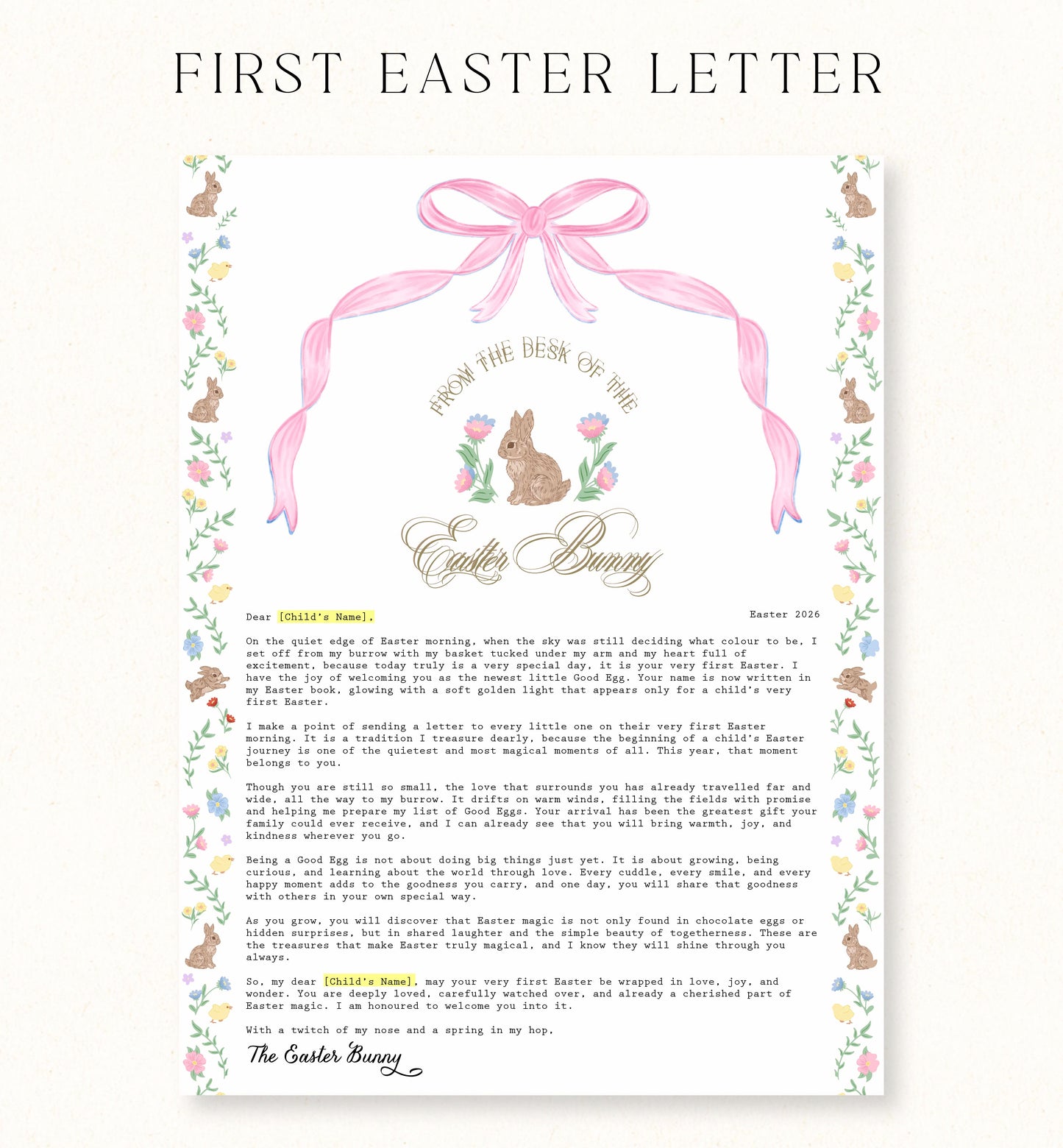 Personalised First Easter Letter From The Easter Bunny Pink