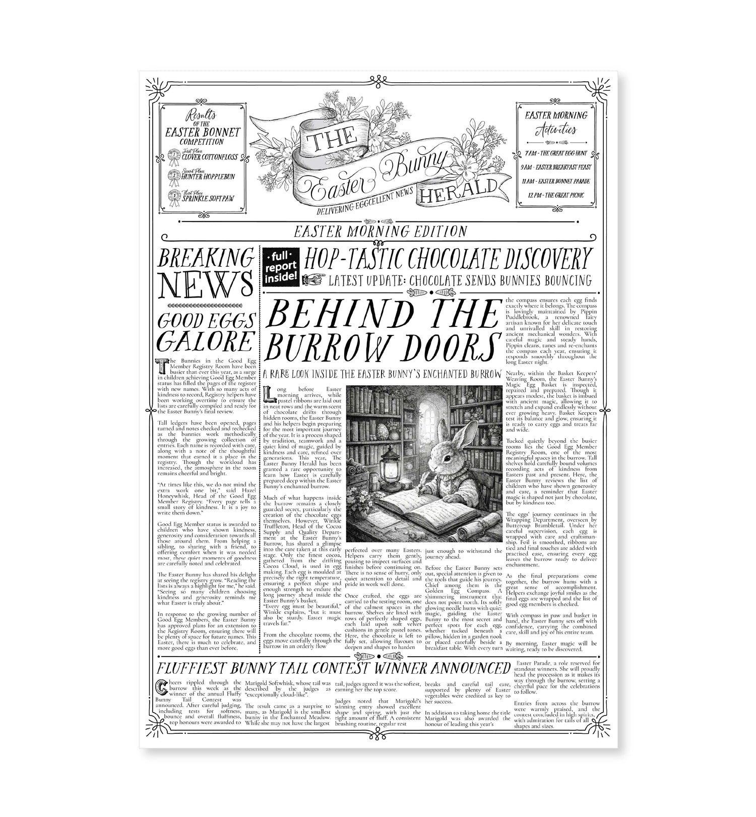 Newspaper-style design with Easter-themed content and a rabbit illustration on a white background. Easter Newspaper Activity Booklet, Basket Basket Gift, Easter Morning Activities, Easter Colouring, Easter Puzzle, Alternative Easter Gift