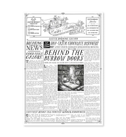 Newspaper-style design with Easter-themed content and a rabbit illustration on a white background. Easter Newspaper Activity Booklet, Basket Basket Gift, Easter Morning Activities, Easter Colouring, Easter Puzzle, Alternative Easter Gift