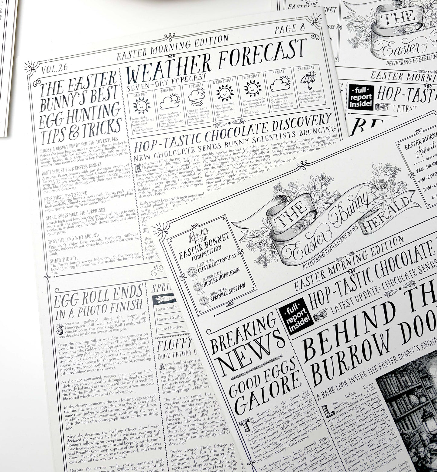 Illustrated Easter-themed newspaper clippings with headlines and graphics on a white background. Easter Newspaper Activity Booklet, Basket Basket Gift, Easter Morning Activities, Easter Colouring, Easter Puzzle, Alternative Easter Gift