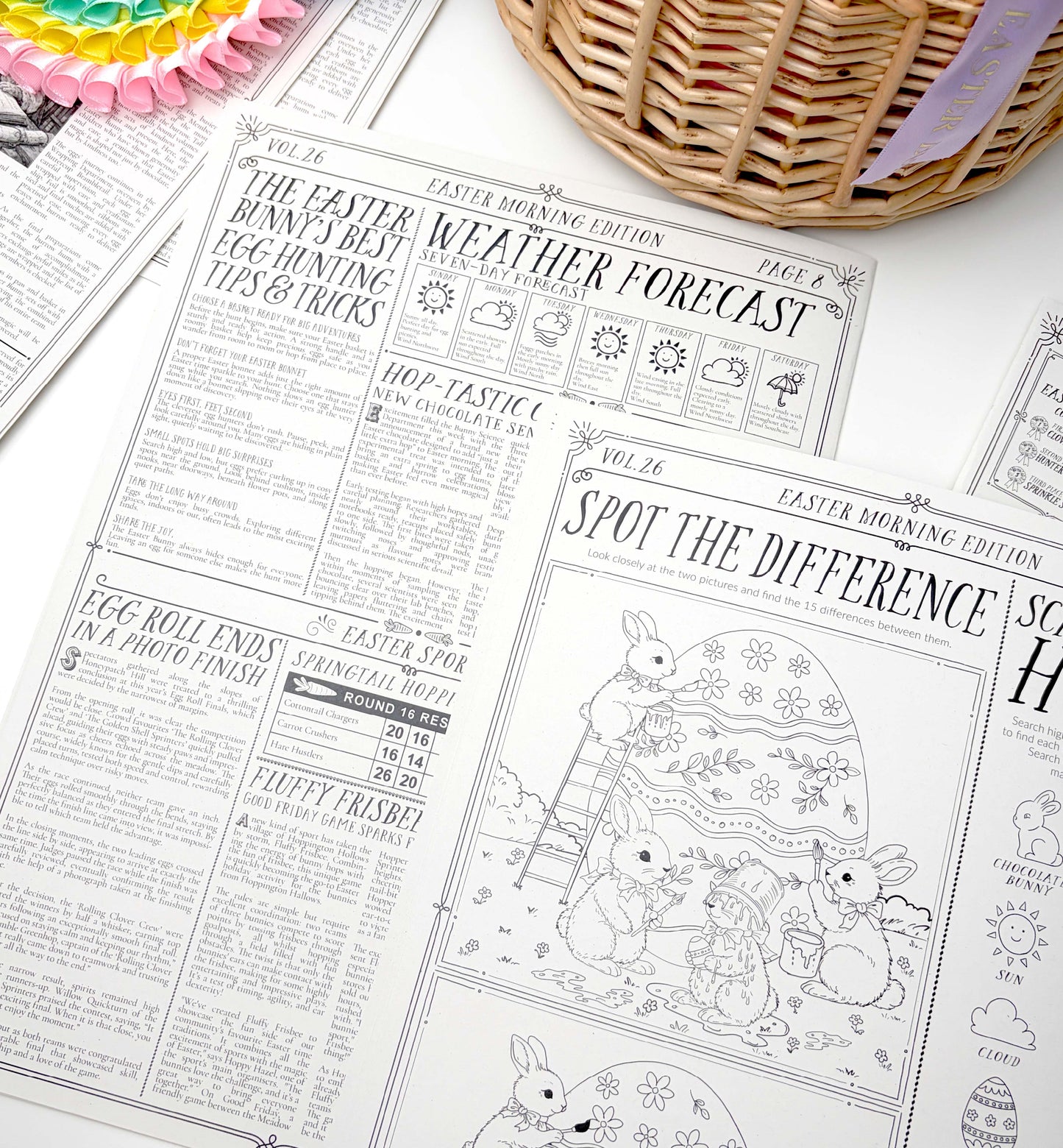 Easter-themed activity sheets with coloring and puzzles on a white surface. Easter Newspaper Activity Booklet, Basket Basket Gift, Easter Morning Activities, Easter Colouring, Easter Puzzle, Alternative Easter Gift