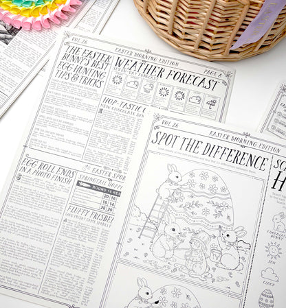 Easter-themed activity sheets with coloring and puzzles on a white surface. Easter Newspaper Activity Booklet, Basket Basket Gift, Easter Morning Activities, Easter Colouring, Easter Puzzle, Alternative Easter Gift