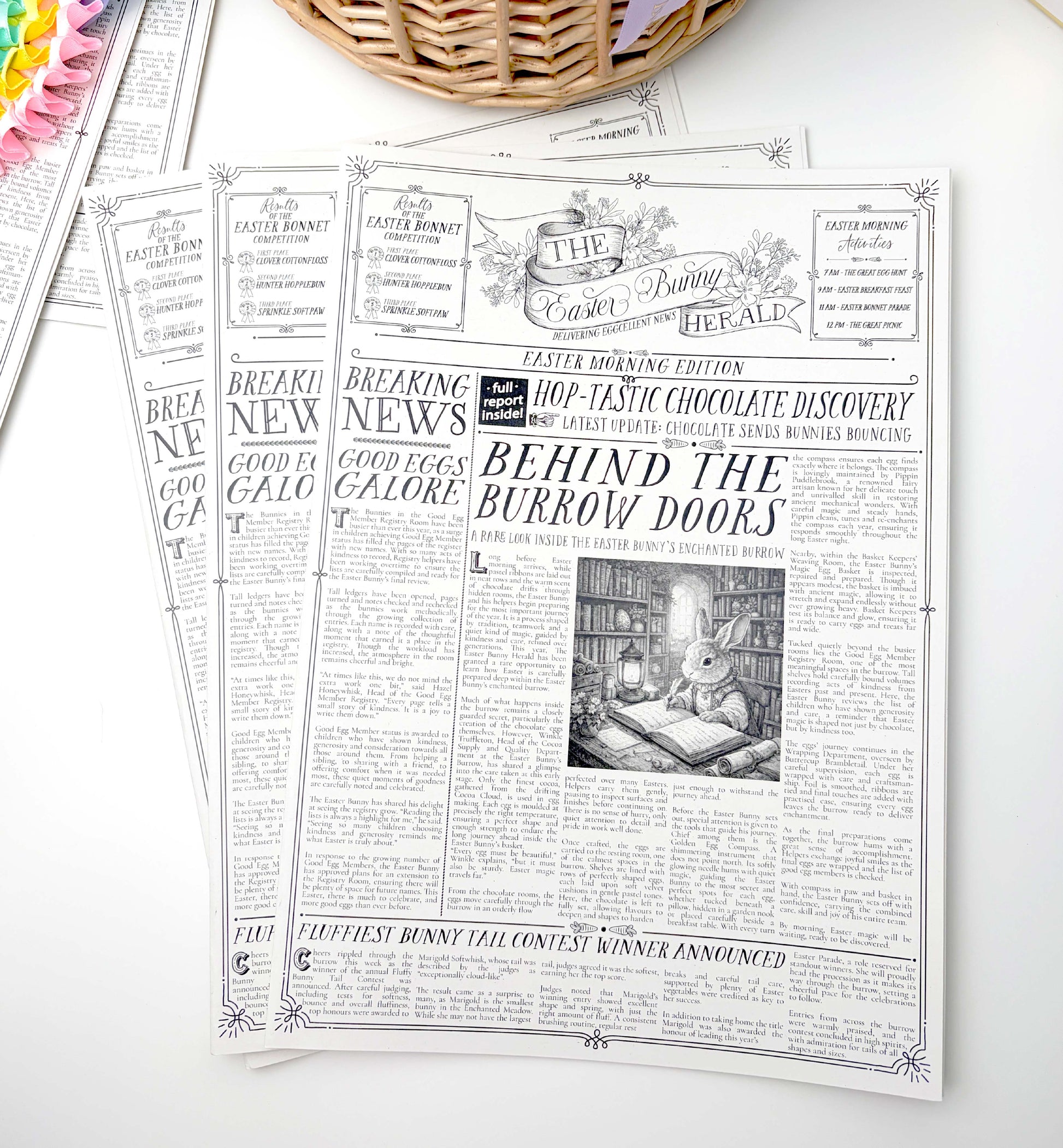 Easter-themed newspaper with bunny illustration on a white background. Easter Newspaper Activity Booklet, Basket Basket Gift, Easter Morning Activities, Easter Colouring, Easter Puzzle, Alternative Easter Gift