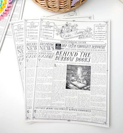 Easter-themed newspaper with bunny illustration on a white background. Easter Newspaper Activity Booklet, Basket Basket Gift, Easter Morning Activities, Easter Colouring, Easter Puzzle, Alternative Easter Gift