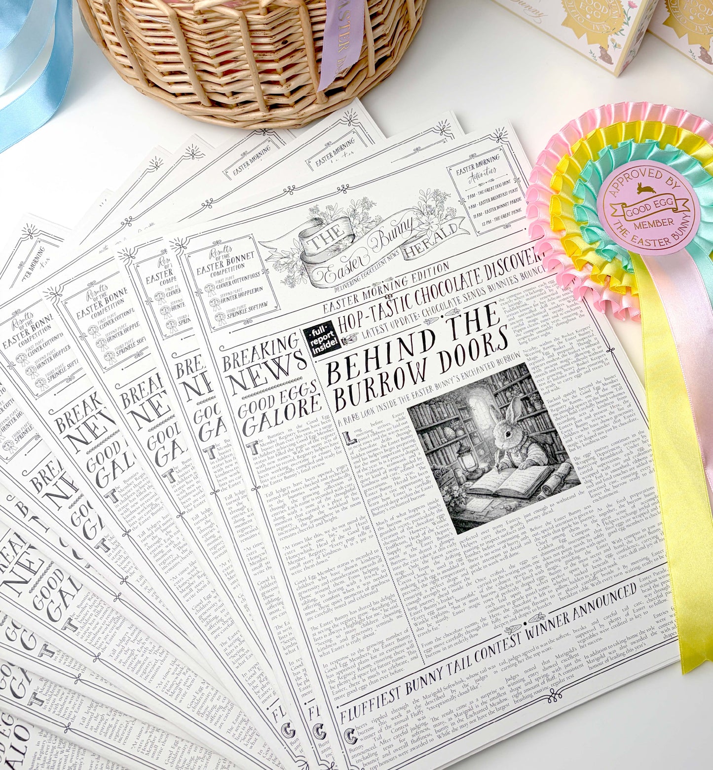 Easter-themed newspaper with a colorful ribbon on a white surface. Easter Newspaper Activity Booklet, Basket Basket Gift, Easter Morning Activities, Easter Colouring, Easter Puzzle, Alternative Easter Gift
