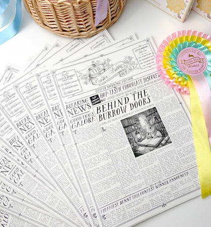 Easter-themed newspaper with a colorful ribbon on a white surface. Easter Newspaper Activity Booklet, Basket Basket Gift, Easter Morning Activities, Easter Colouring, Easter Puzzle, Alternative Easter Gift