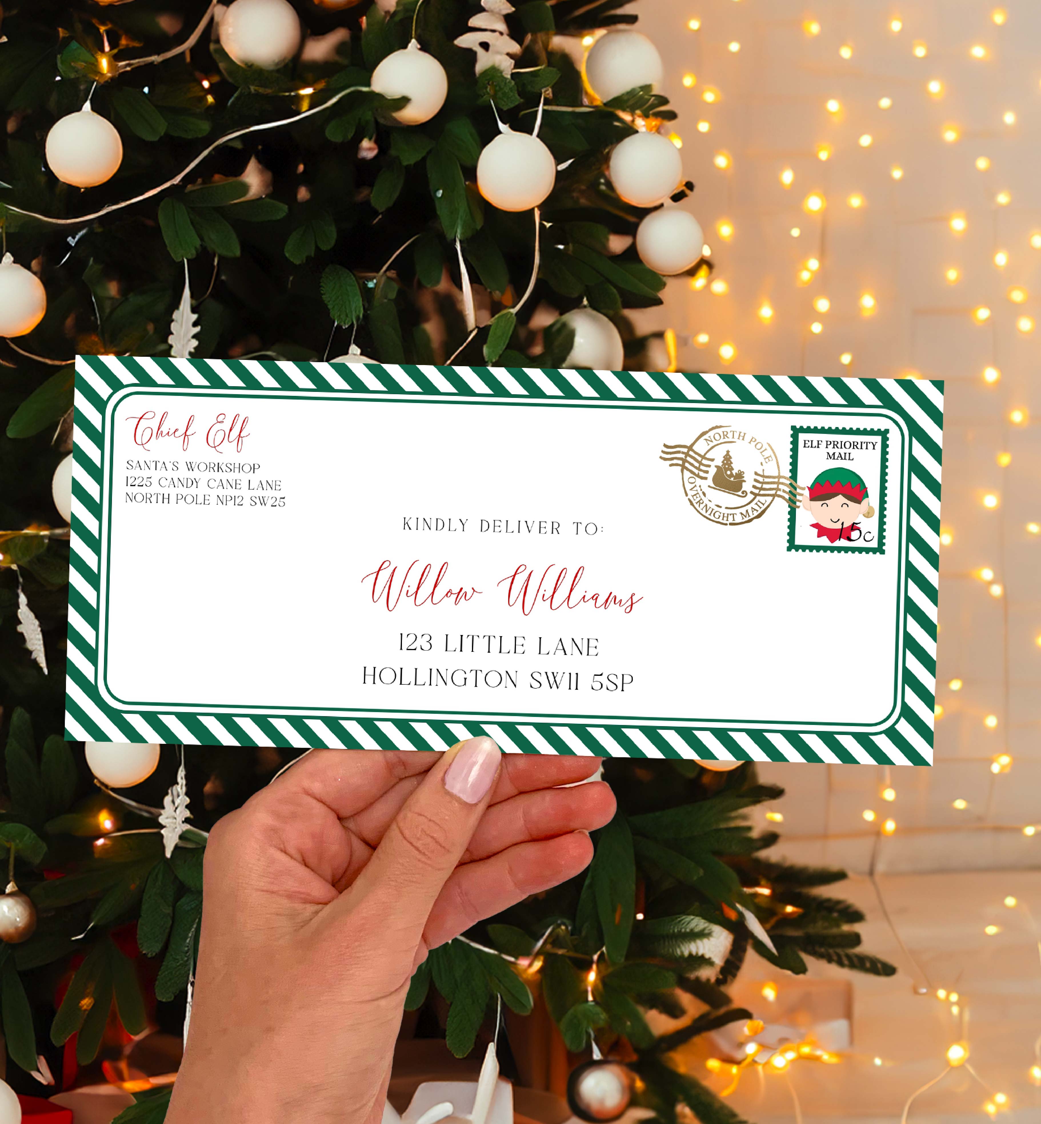 santa's workshop green | printable elf christmas envelope template