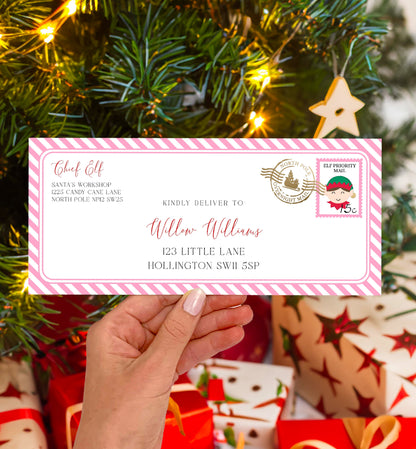 Printable Elf Mail Envelope Template, Christmas Letter From Santa's Workshop Envelope, Christmas Eve Box Letter, Santa Letter, Pink Stripe