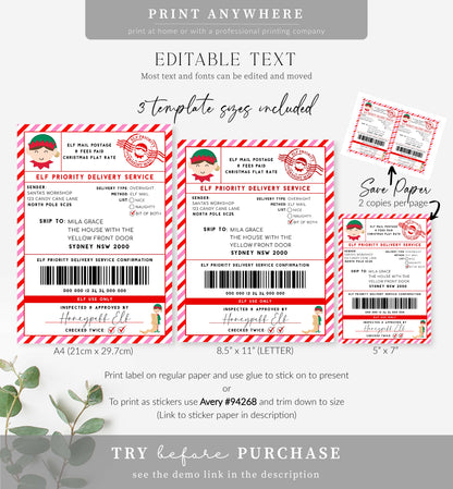 Santa's Workshop Red Pink | Printable Elf Christmas Shipping Label Template
