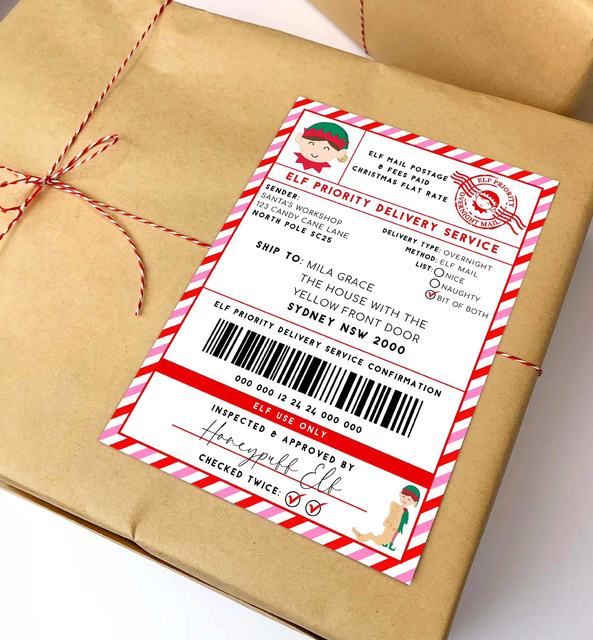 Printable Elf Arrival Box Shipping Label Sticker, North Pole Elf Mail Gift Tag, Santa's Workshop Christmas Special Delivery Shipping Label