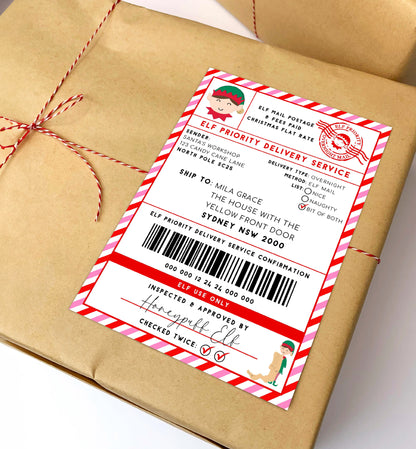 Printable Elf Arrival Box Shipping Label Sticker, North Pole Elf Mail Gift Tag, Santa's Workshop Christmas Special Delivery Shipping Label