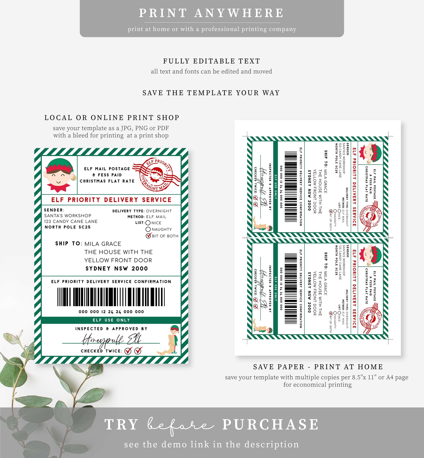 Santa's Workshop Green | Printable Elf Christmas Shipping Label Template