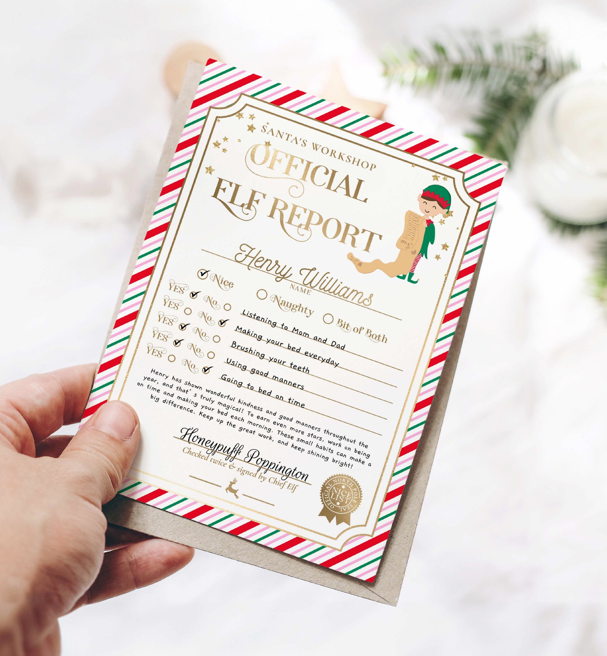 Printable Elf Report Card Template, North Pole Elf Mail Report Letter, Santa's Workshop Christmas Elf Arrival Box, Stripe