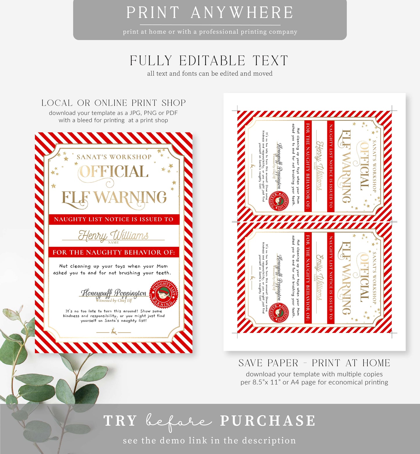 Santa's Workshop Red | Printable Christmas Elf Warning Letter Template