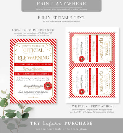 Santa's Workshop Red | Printable Christmas Elf Warning Letter Template