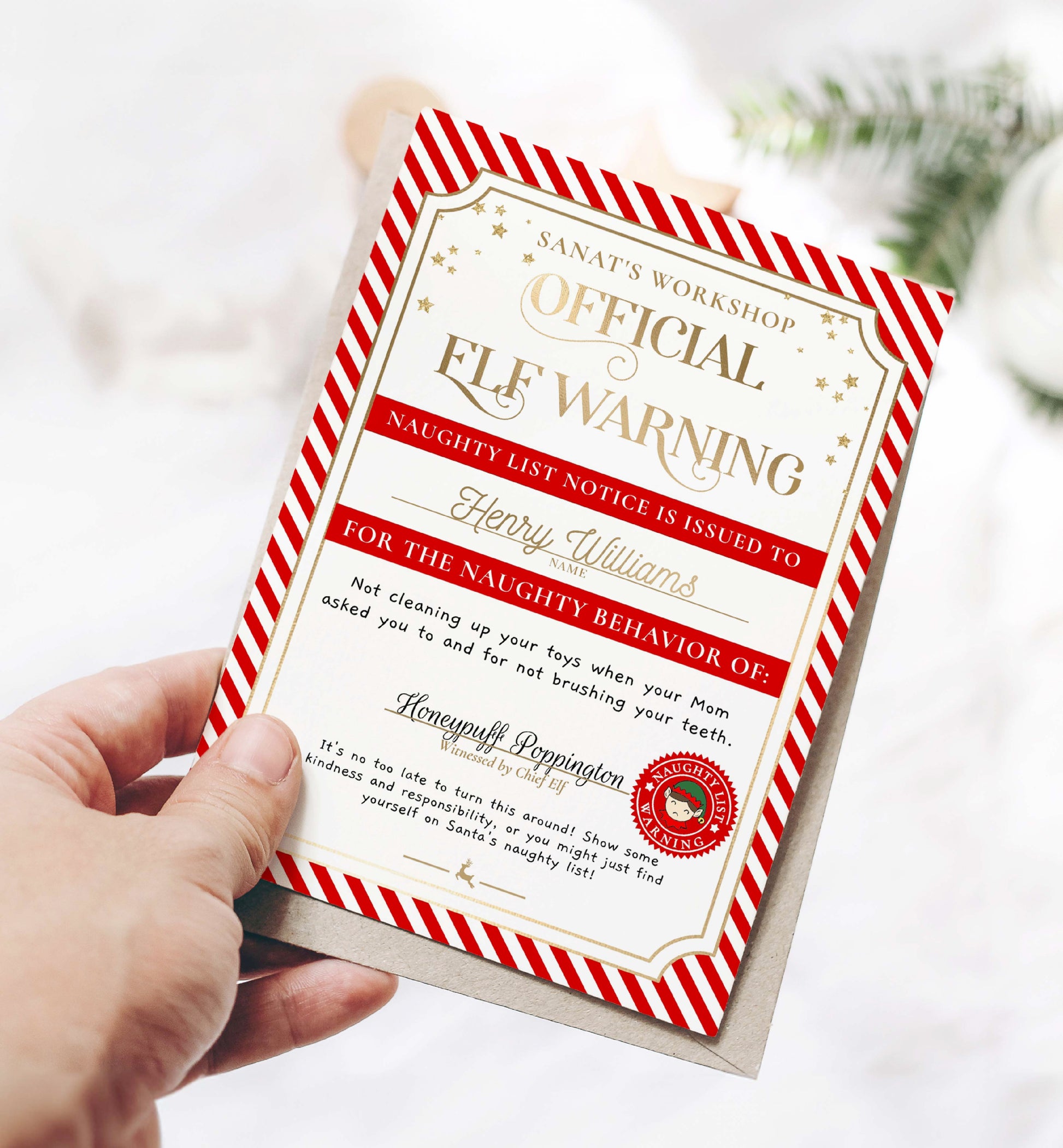 Printable Naughty List Elf Warning Certificate Template, Bad Behaviour Warning, Naughty Member Letter From Santa Claus, North Pole Mail