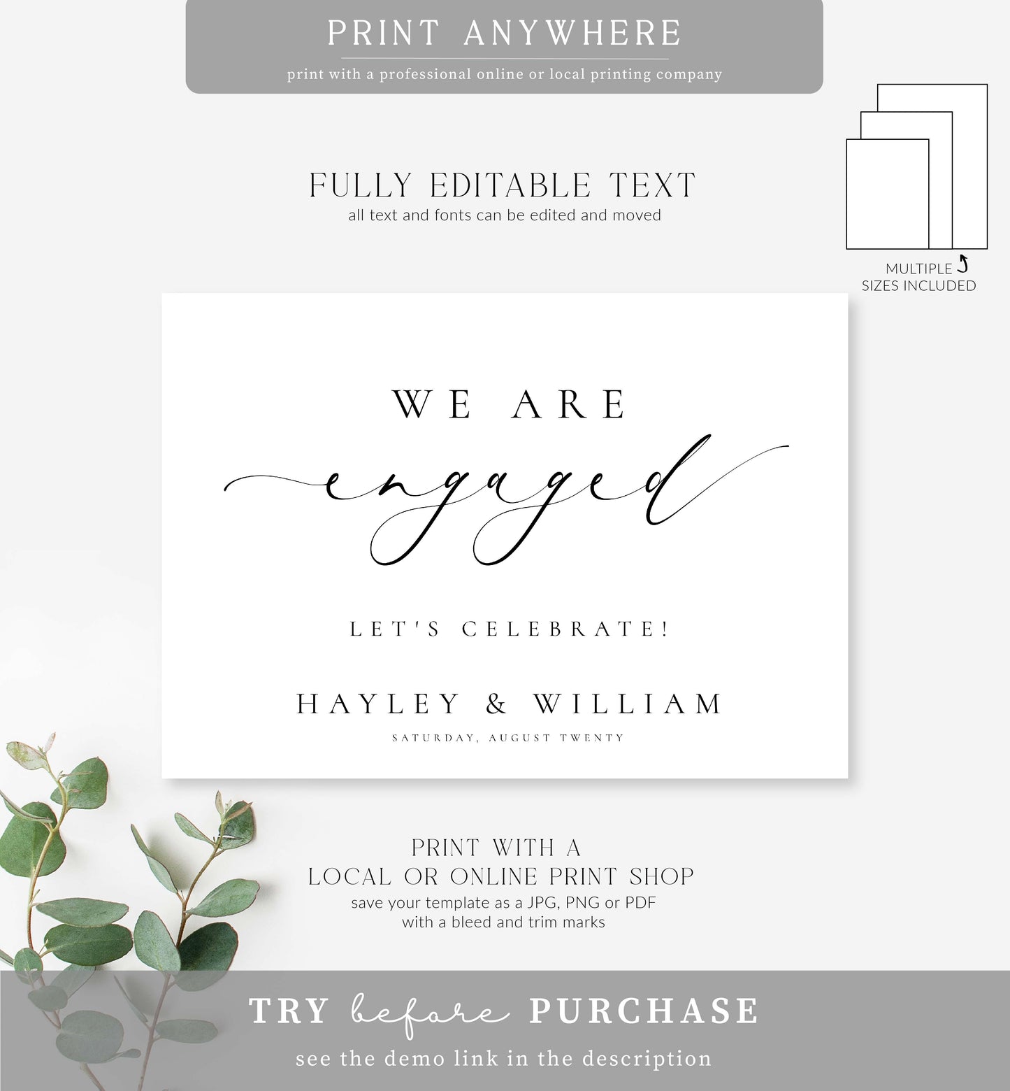 Ellesmere White | Printable Engagement Welcome Sign Template