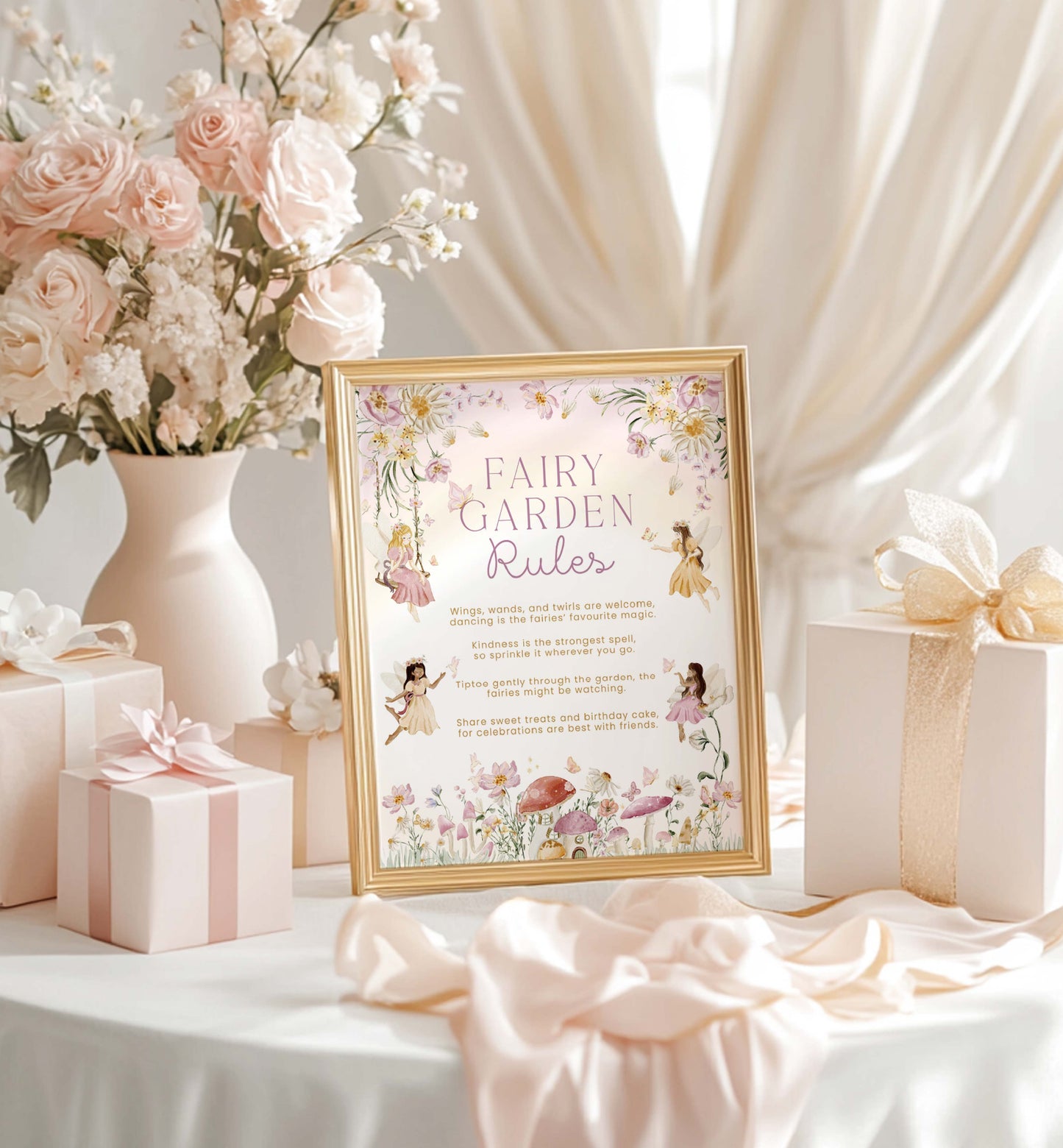Framed 'Fairy Garden Rules' sign on a decorative table with flowers and gifts. Fairy Garden Rules Sign Printable, Girls Fairy Birthday Party Decoration Sign