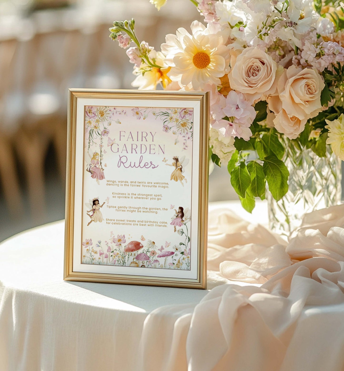 Framed 'Fairy Garden Rules' sign with floral decorations on a table. Fairy Garden Rules Sign Printable, Girls Fairy Birthday Party Decoration Sign