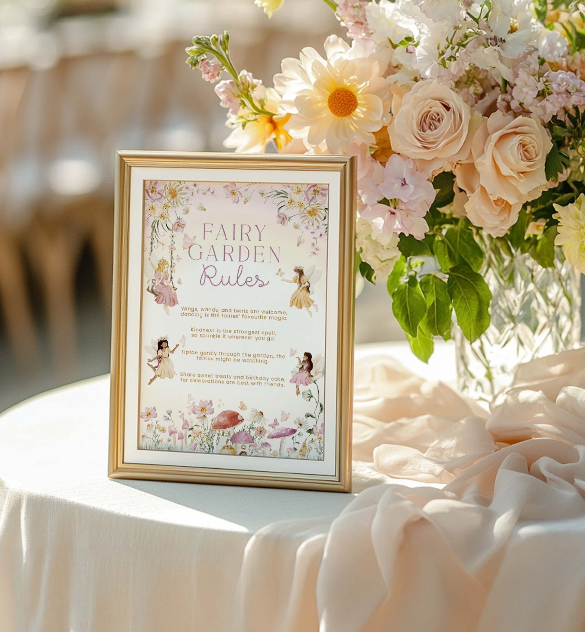 Framed 'Fairy Garden Rules' sign with floral decorations on a table. Fairy Garden Rules Sign Printable, Girls Fairy Birthday Party Decoration Sign