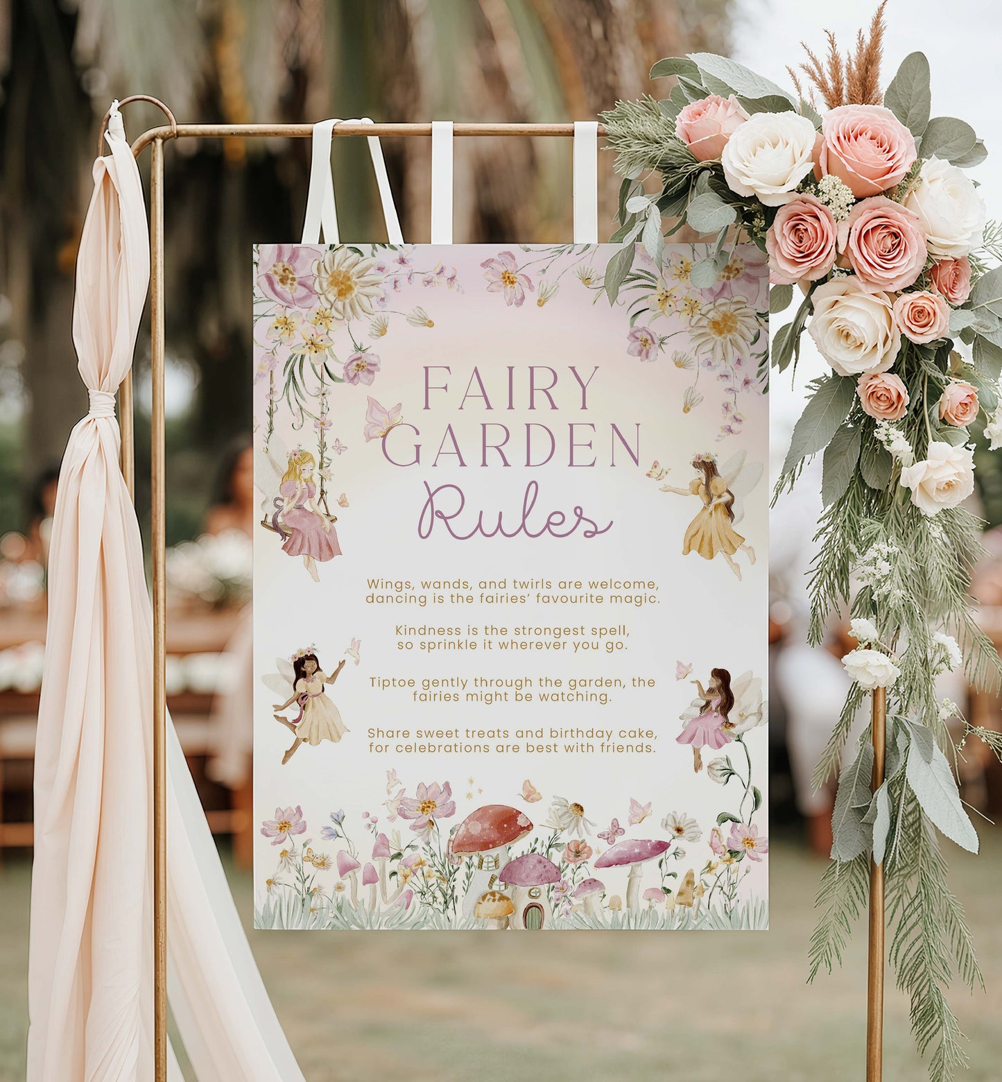 Decorative sign with fairy garden rules on a floral stand. Fairy Garden Rules Sign Printable, Girls Fairy Birthday Party Decoration Sign