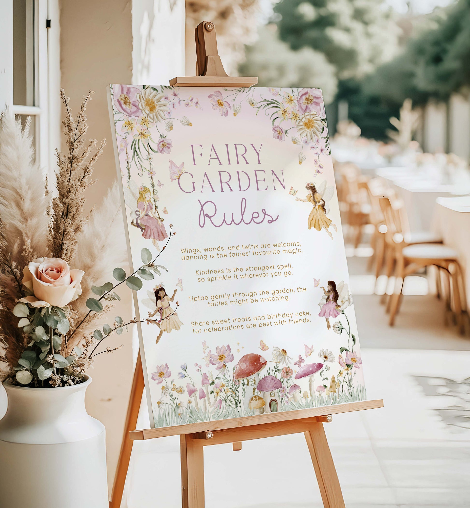 Fairy garden-themed sign on an easel with decorative elements in a garden setting. Fairy Garden Rules Sign Printable, Girls Fairy Birthday Party Decoration Sign