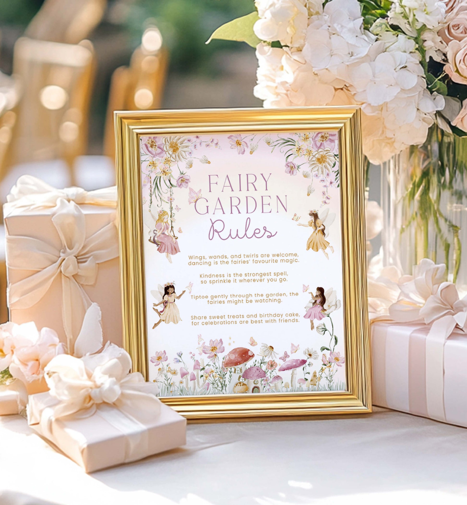 Framed 'Fairy Garden Rules' print with decorative items on a table. Fairy Garden Rules Sign Printable, Girls Fairy Birthday Party Decoration Sign