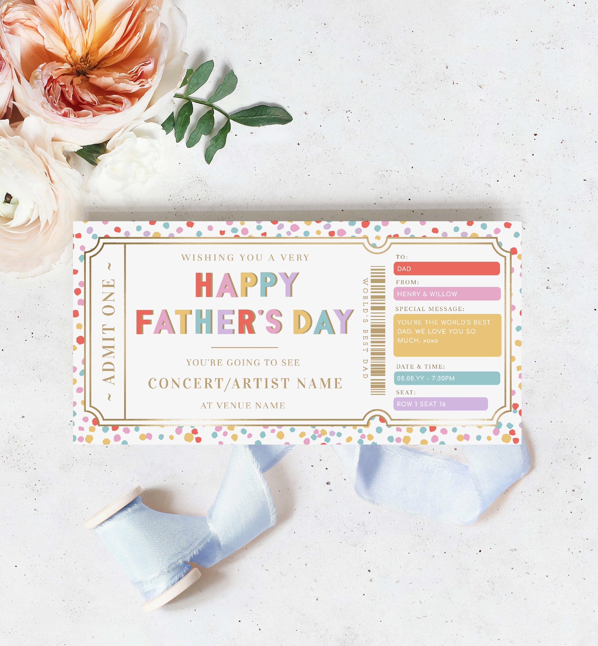 Father's Day Concert Gift Voucher Template, Printable Dad Gift Certificate, Music Festival Tickets Gift, Father's Day Gift Coupon, Dot Multi