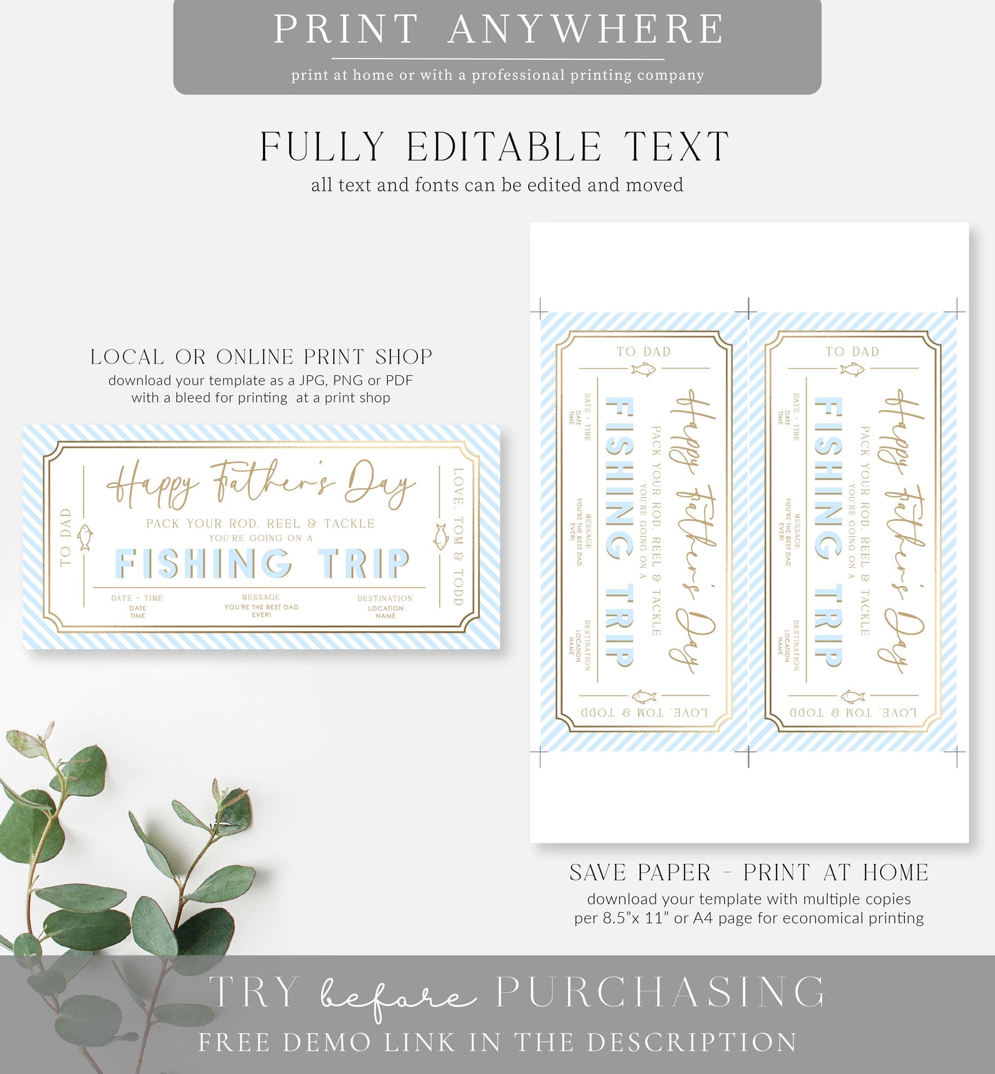 Stripe Blue | Printable Father's Day Fishing Trip Gift Voucher Template
