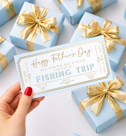 Gift card for a fishing trip held over wrapped gifts with gold bows on a light background. Printable Father's Day Fishing Trip Gift Voucher, Editable Surprise Experience Card
