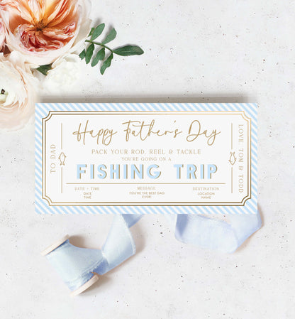 Father's Day fishing trip invitation with flowers on a textured surface. Printable Father's Day Fishing Trip Gift Voucher, Editable Surprise Experience Card