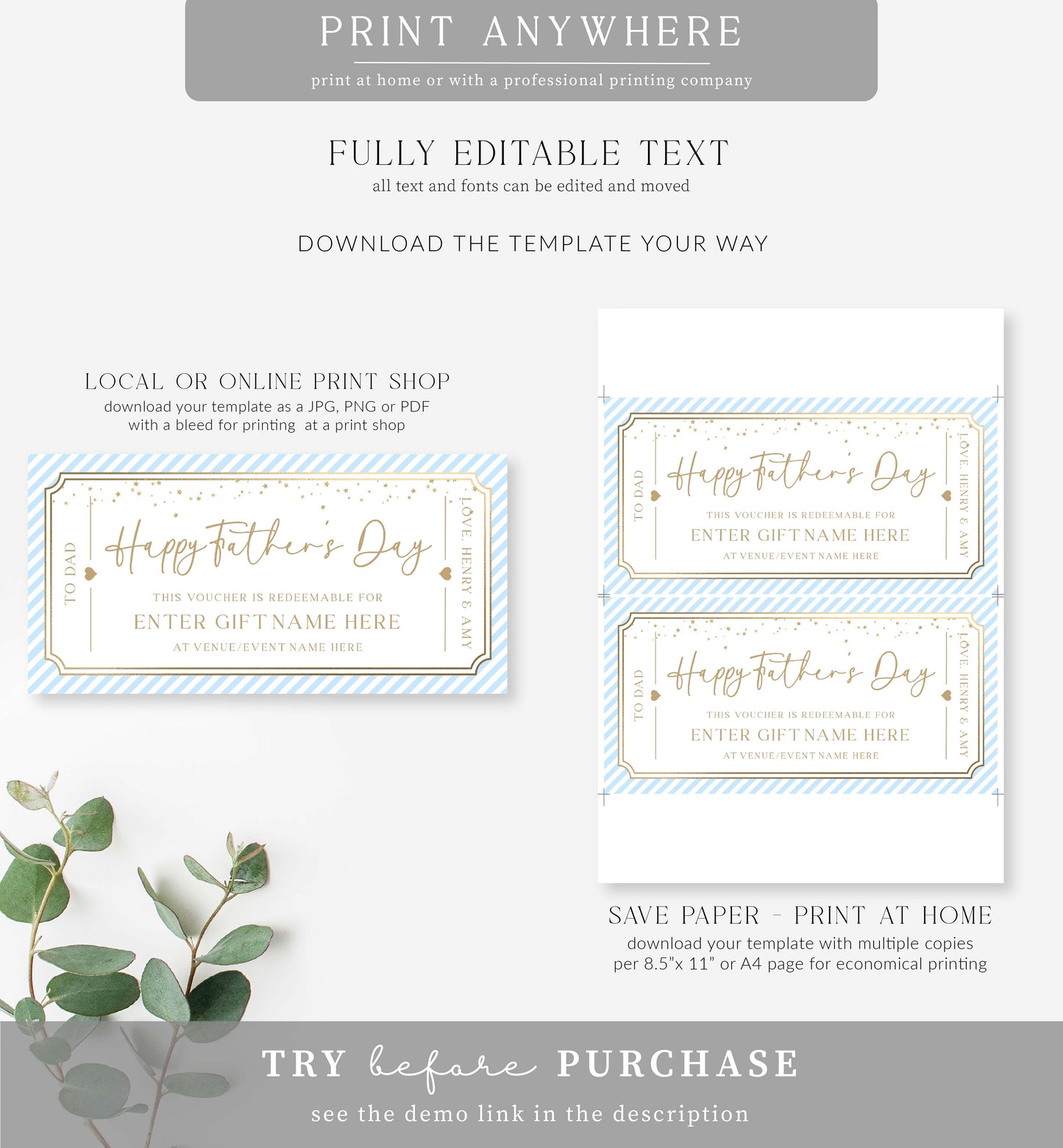Stripe Blue | Printable Father's Day Custom Gift Voucher Template