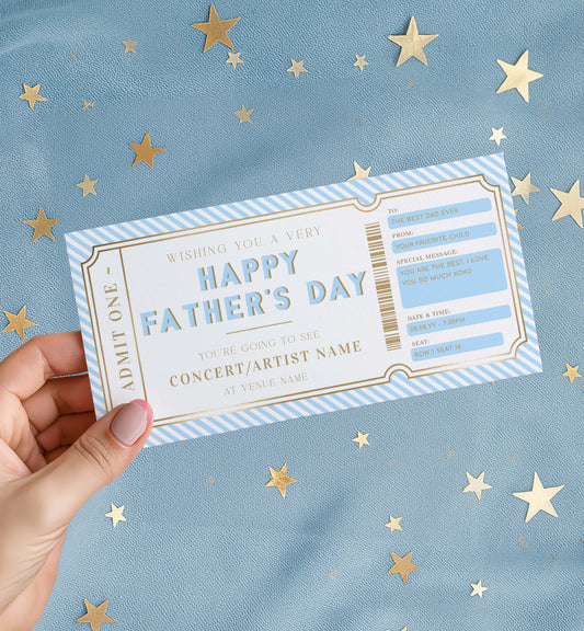 Hand holding a Father's Day concert ticket card with gold stars on a blue background. Father's Day Concert Ticket Gift Voucher Printable Editable Surprise Experience Card