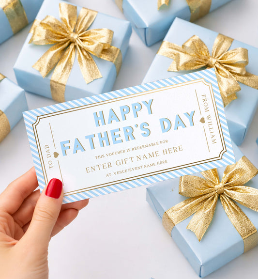 Hand holding a Father's Day gift card with blue gift boxes and gold bows in the background. Printable Father's Day Custom Gift Voucher, Editable Surprise Experience Card