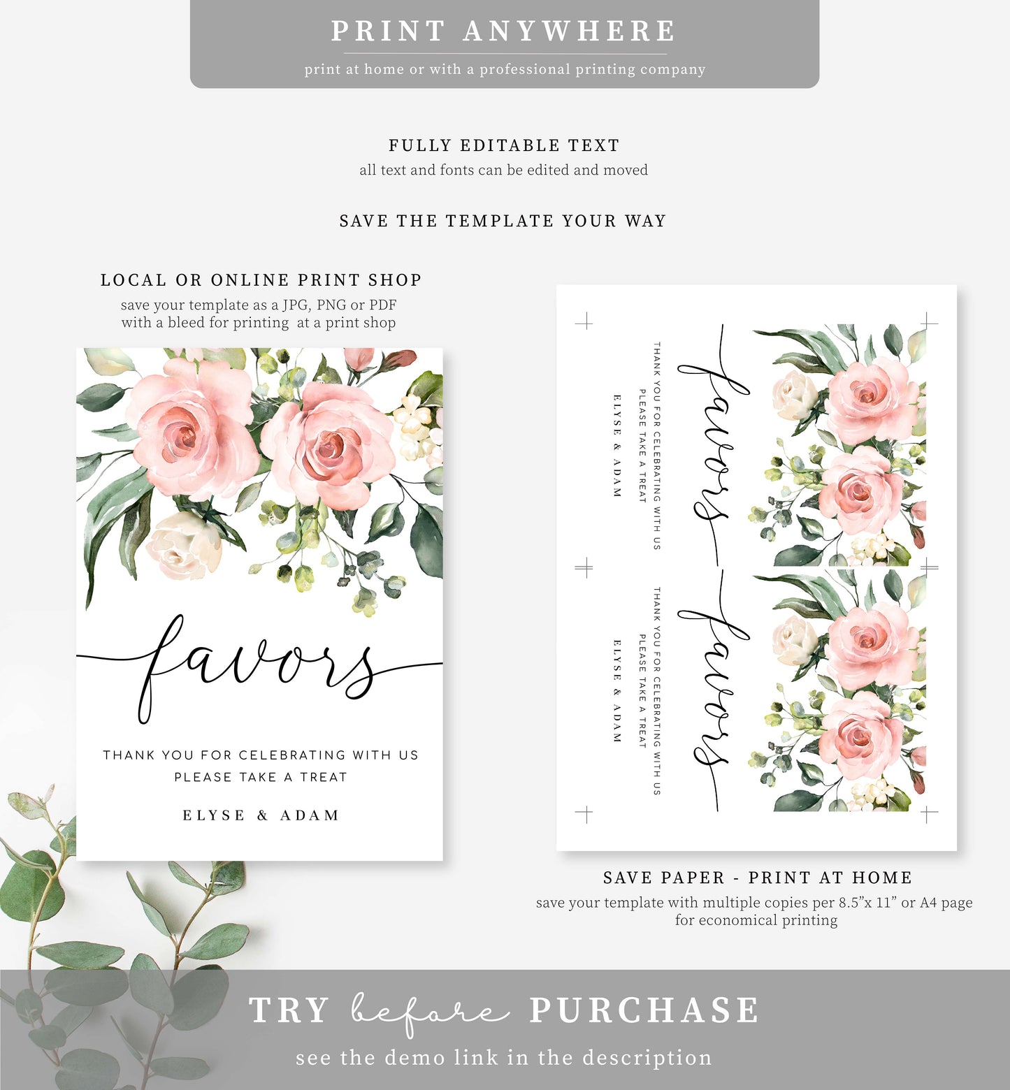 Darcy Floral Pink | Printable Favours Sign Template