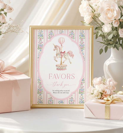 Decorative print with unicorn design and 'Favors thank you' text, surrounded by flowers and a gift box. Printable Favors Sign, Vintage Carousel Unicorn Horse, Girl Baby Shower Thank You Favors Sign, Pink Girl First Birthday Party Favors Sign