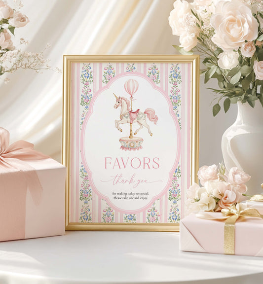 Decorative print with unicorn design and 'Favors thank you' text, surrounded by flowers and a gift box. Printable Favors Sign, Vintage Carousel Unicorn Horse, Girl Baby Shower Thank You Favors Sign, Pink Girl First Birthday Party Favors Sign