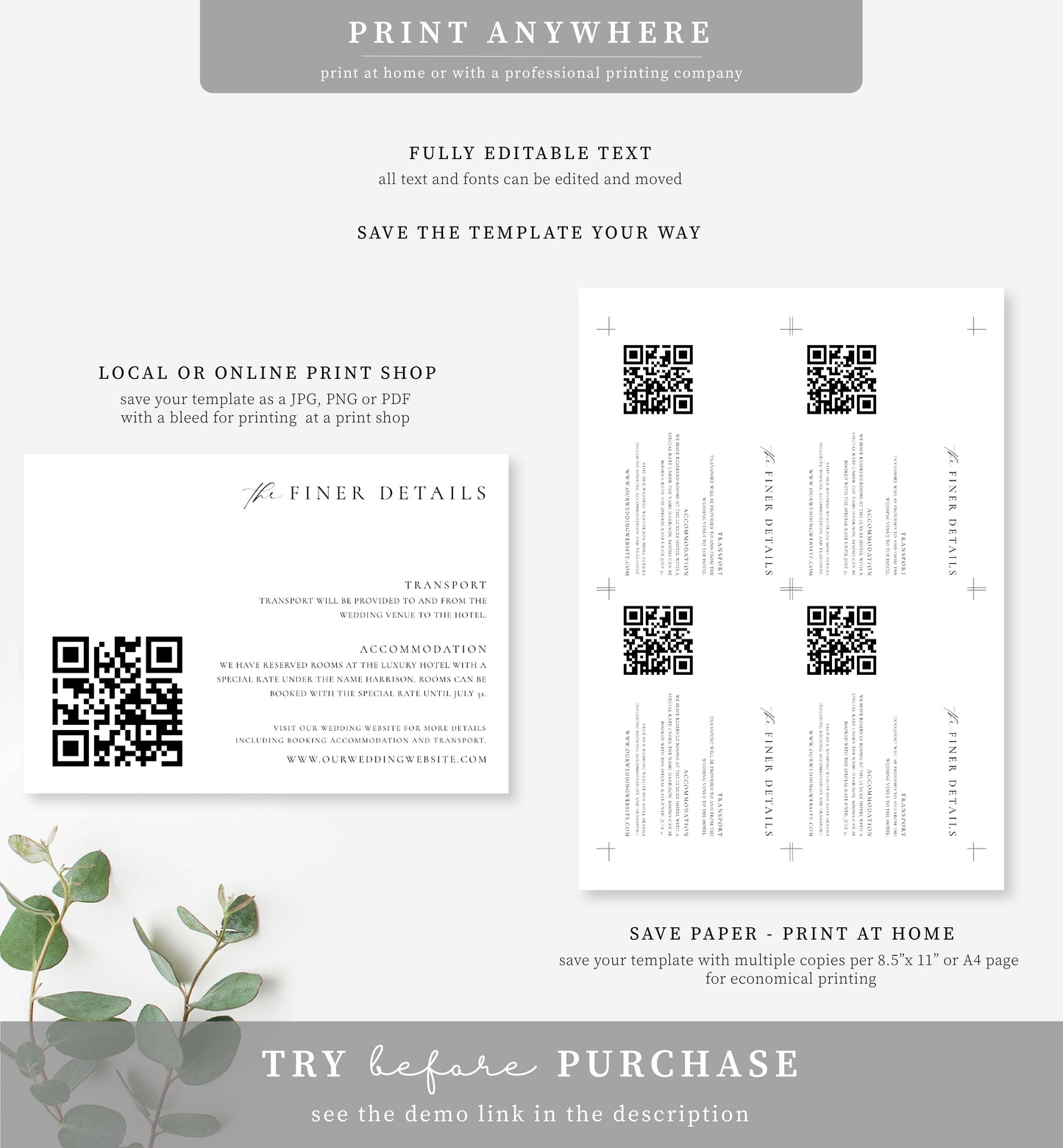 Ellesmere White | Printable QR Wedding Details Card Template