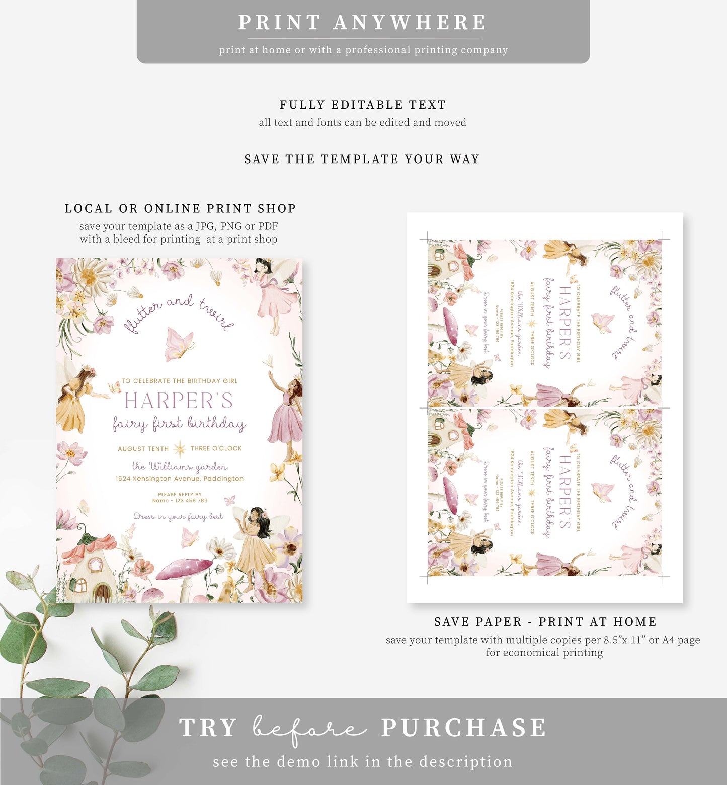 Fairy Multi | Printable First Birthday Invitation Template
