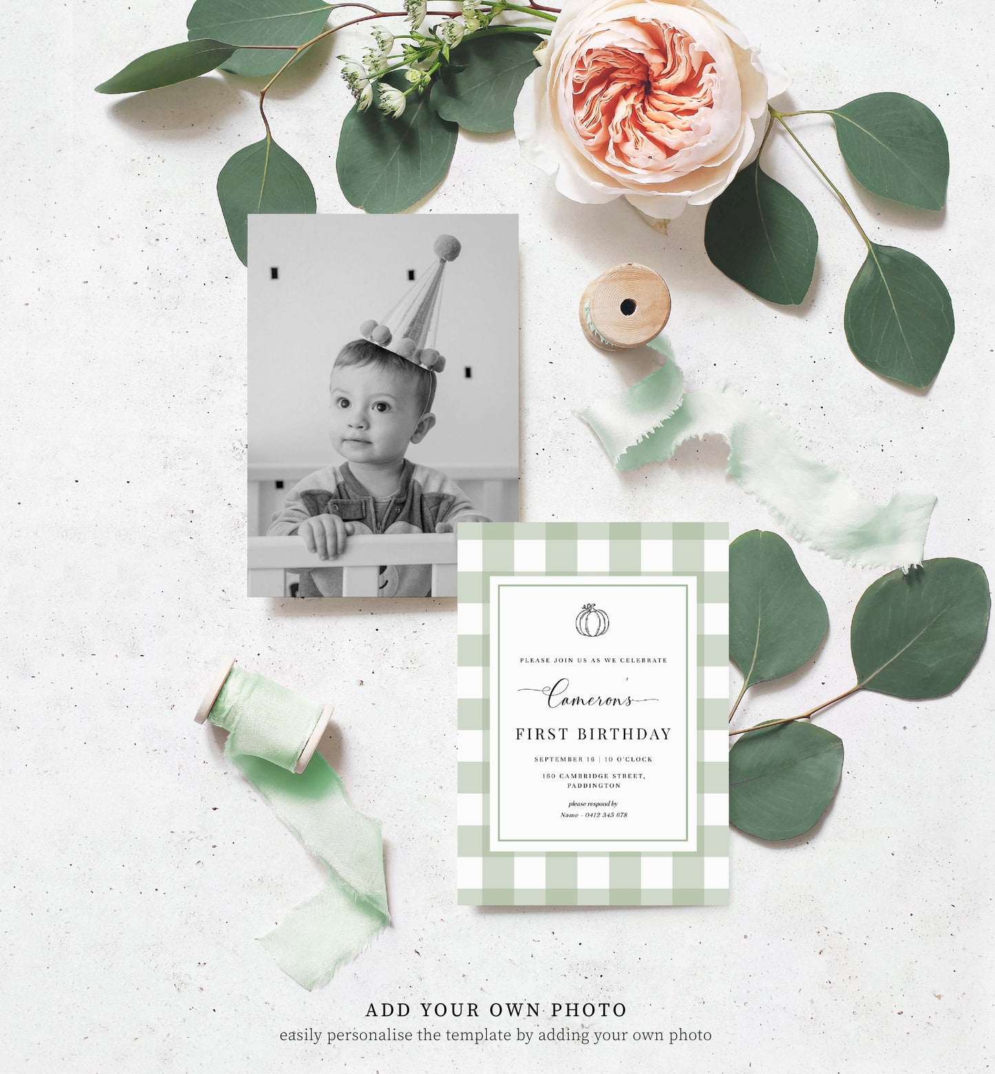 Sage Green Gingham Pumpkin Boy First Birthday Invitation, Printable BBQ First Birthday Invite, Editable Male Birthday Invite, Fall Birthday