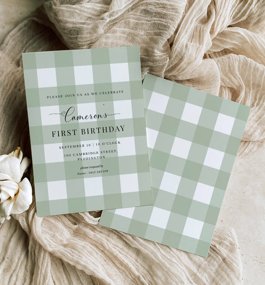Sage Green Gingham Boy Birthday Invitation, Printable BBQ First Birthday Invite, Editable Male Birthday Invitation, Fall Autumn Birthday