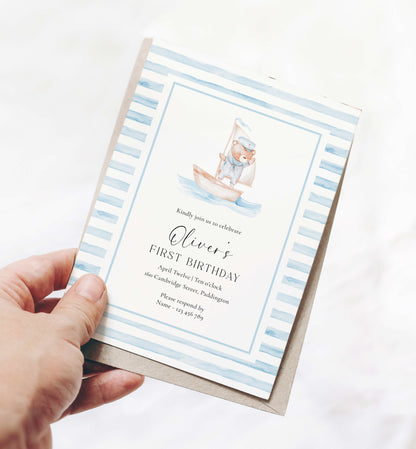 Printable Teddy Bear First Birthday Invitation Template, Sailor Bear, Blue Stripe Boy Birthday Invitation, Nautical First Birthday Evite