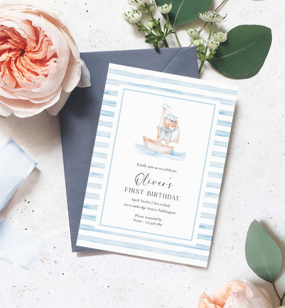 Printable Teddy Bear First Birthday Invitation Template, Sailor Bear, Blue Stripe Boy Birthday Invitation, Nautical First Birthday Evite