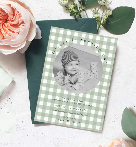 Sage Green Gingham Boy Birthday Photo Invitation, Printable BBQ First Birthday Invite, Editable Male Birthday Invite, Autumn Fall Birthday