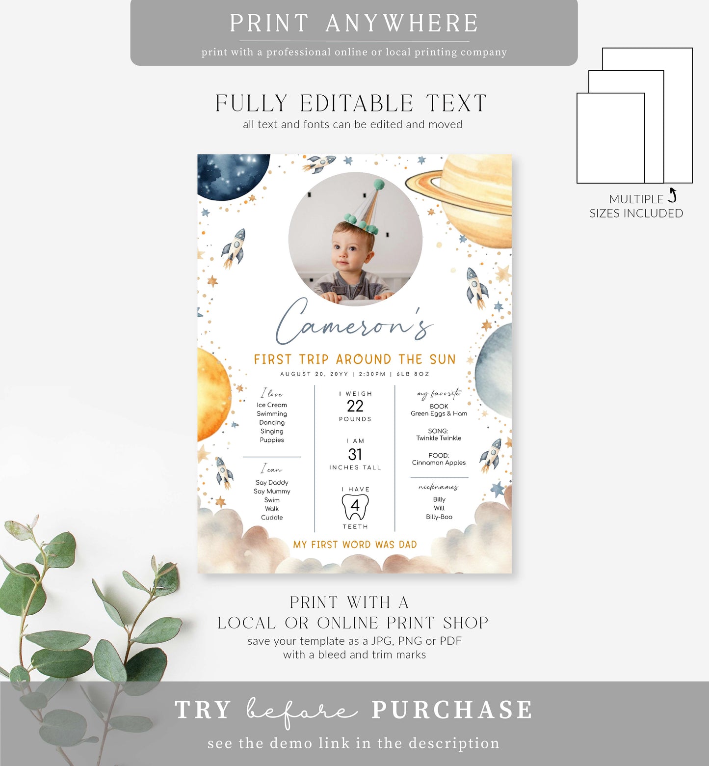Space | Printable First Birthday Milestone Sign Template
