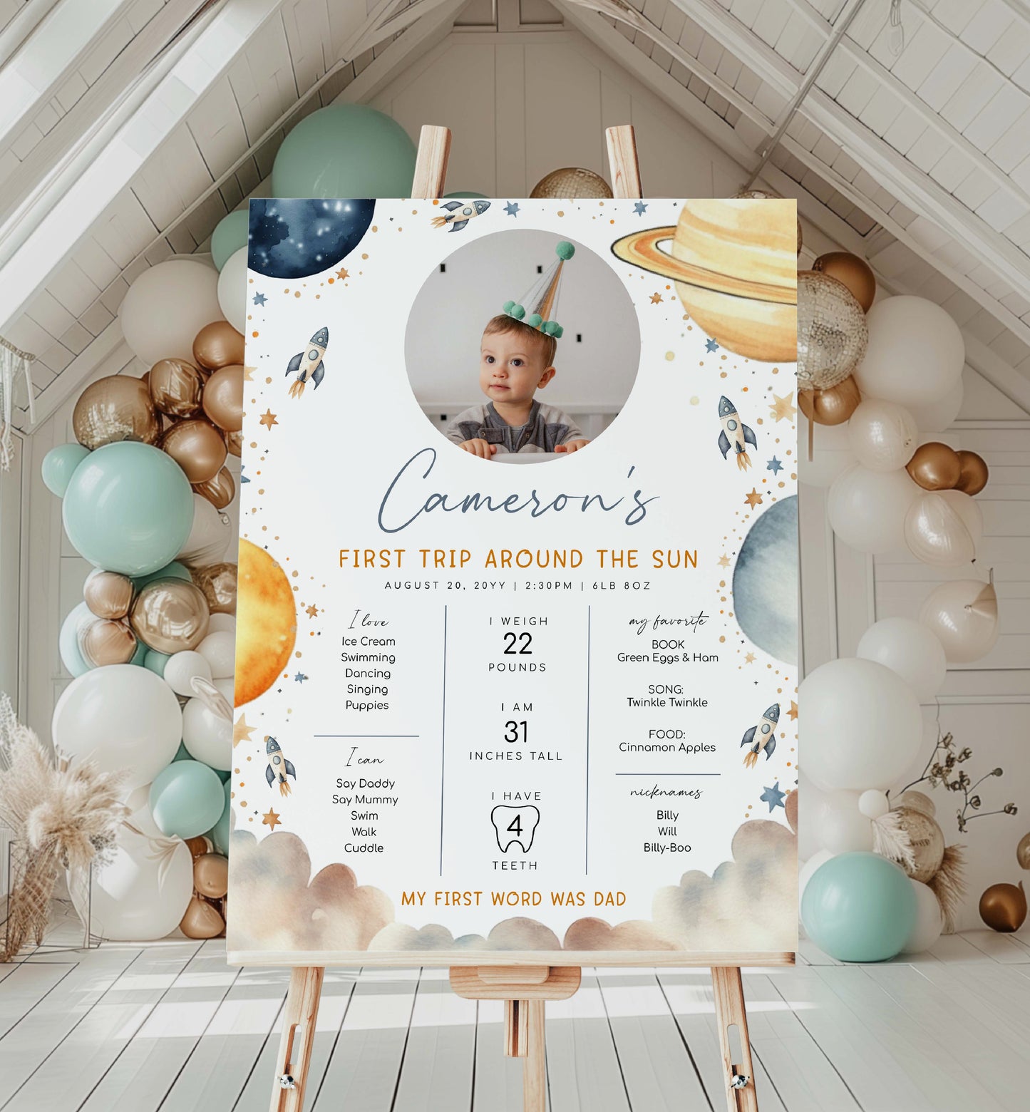 Printable Baby Milestone Board, First Trip Around The Sun, Baby's First Year Poster, 1st Birthday 12 Months Milestone Photo Banner, Space