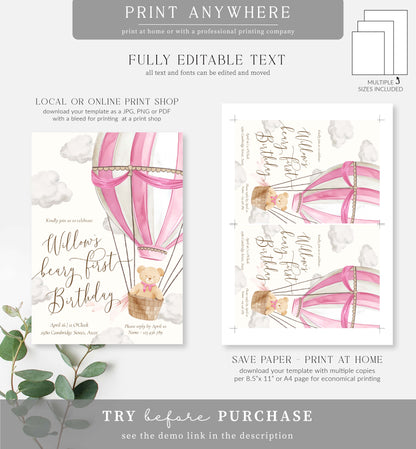 Teddy Bear Pink | Printable First Birthday Invitation Template