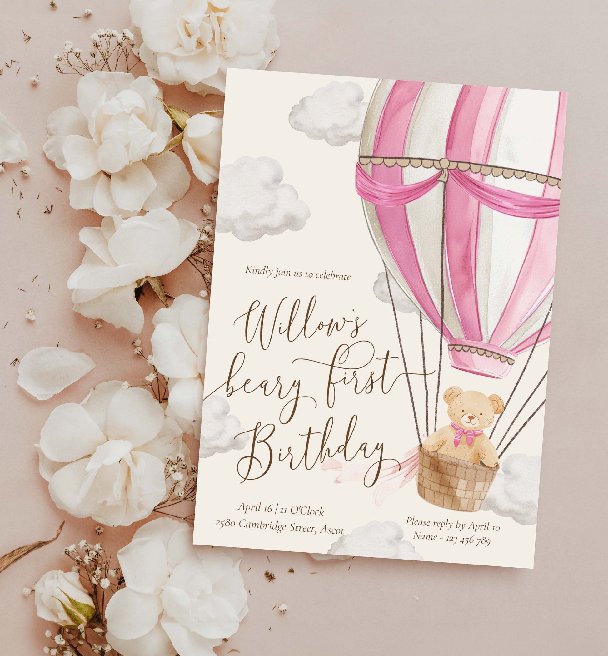 Beary First Birthday Invitation Template, Printable 1st Birthday Invitation Template, Pink Hot Air Balloon, Teddy Bear Girl Birthday