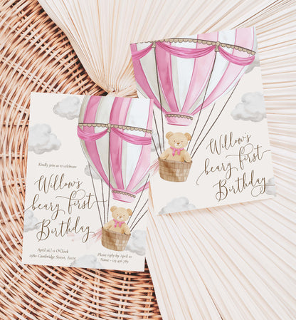 Beary First Birthday Invitation Template, Printable 1st Birthday Invitation Template, Pink Hot Air Balloon, Teddy Bear Girl Birthday